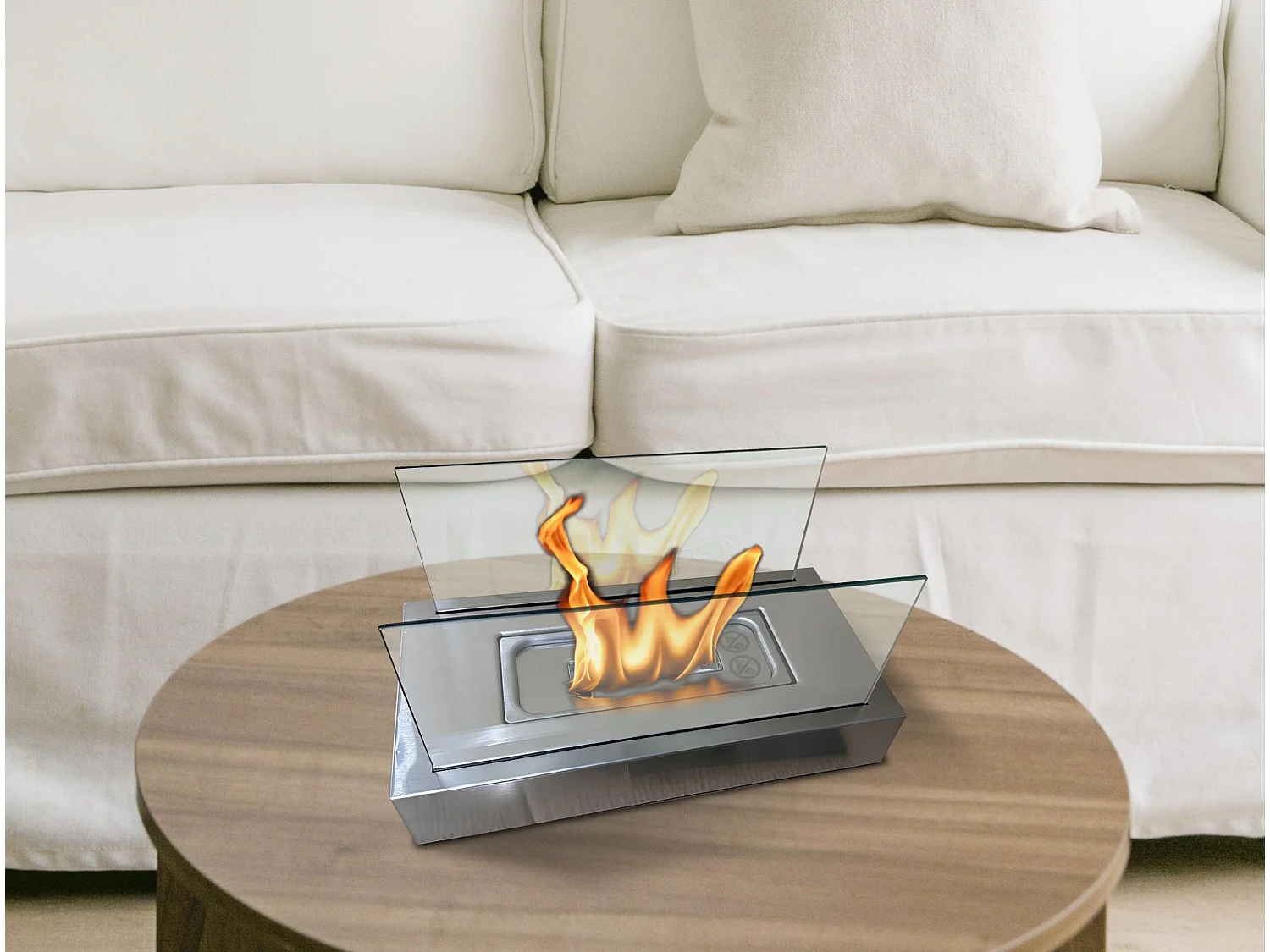 Chimenea de etanol de sobremesa con dos pantallas de cristal templado