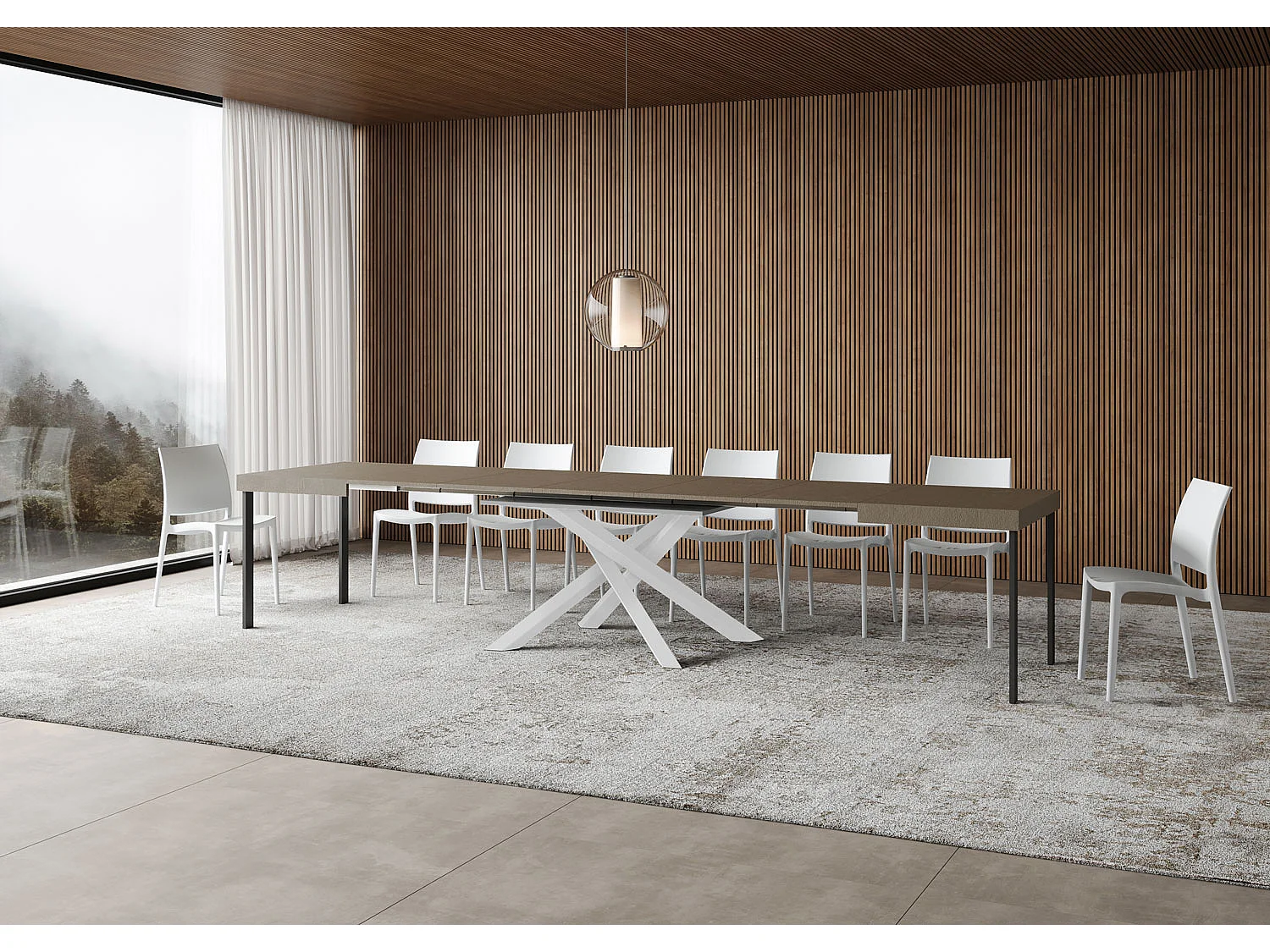 Ausziehbarer Tisch 90x120/380 cm Volantis taubengrau weißes Gestell