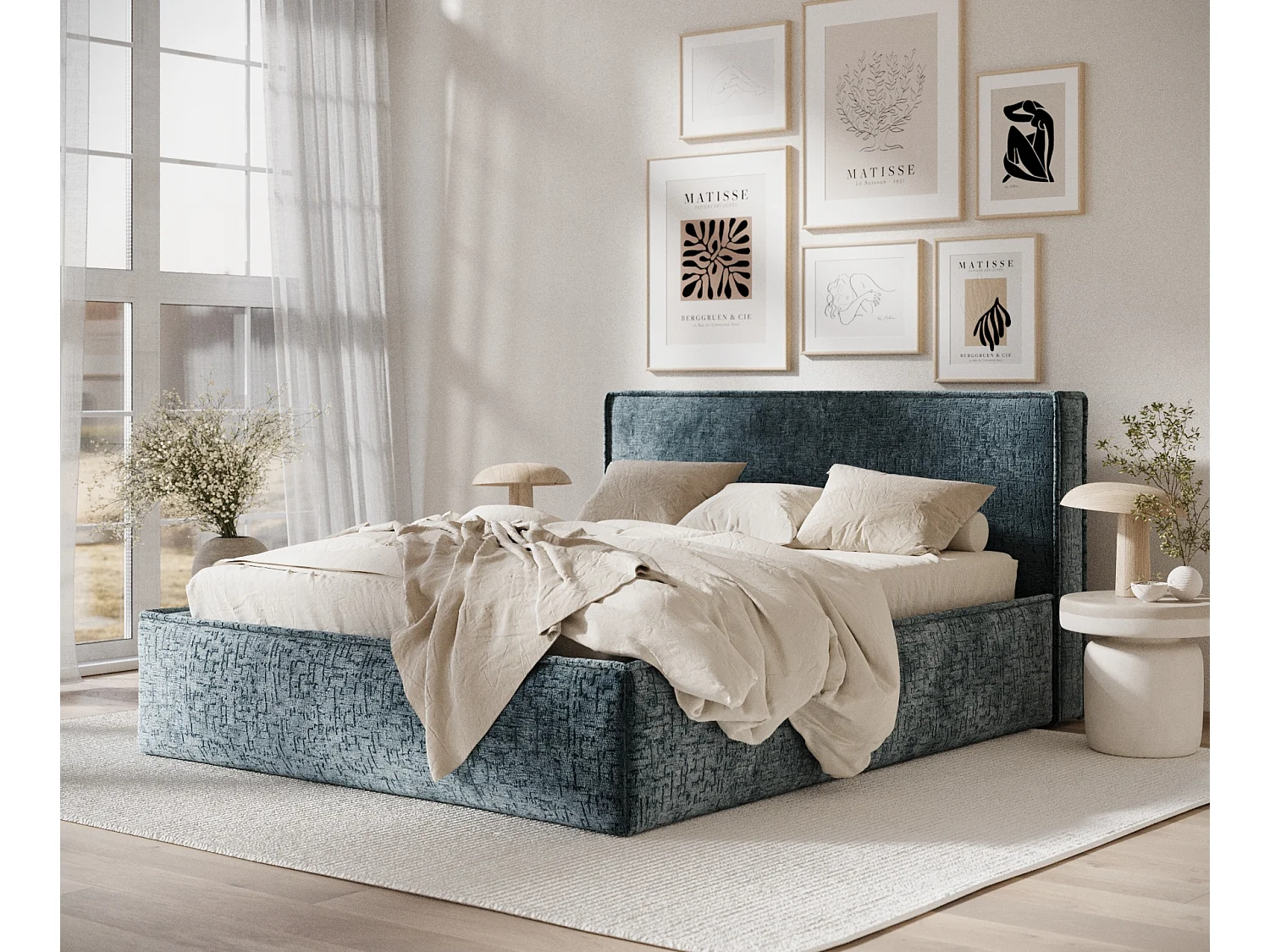 Gestoffeerd bed met hoofdbord - 160x200 cm - blauw - LOUNGE