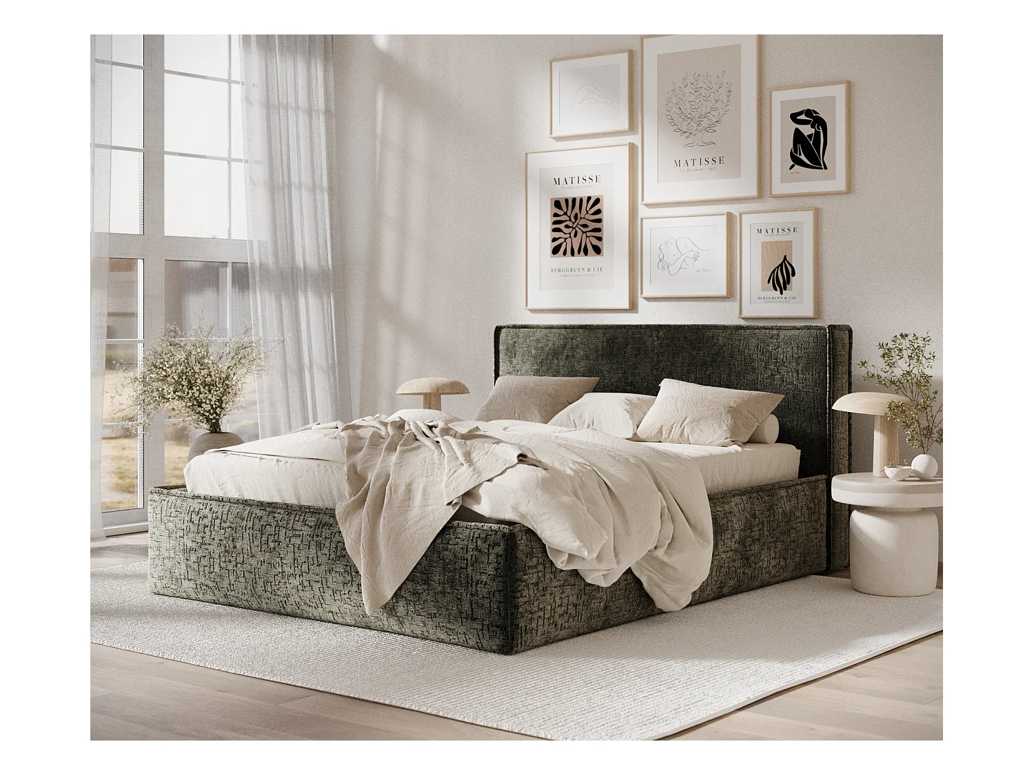 Polsterbett Lounge - 200 x 200 cm - Chenille-Stoff - olivenfarbe