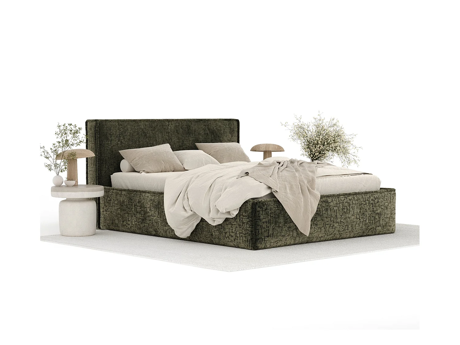 Polsterbett Lounge - 200 x 200 cm - Chenille-Stoff - olivenfarbe