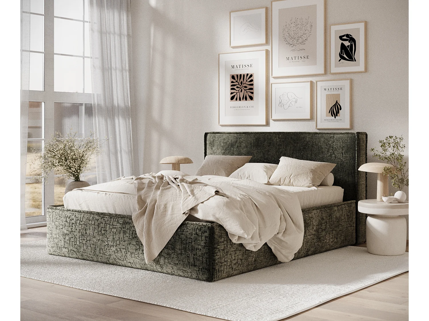 Gestoffeerd bed met hoofdbord - 160x200 cm - olijfgroen - LOUNGE