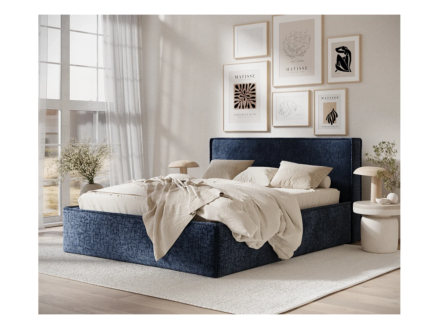 Lit coffre Lounge - 200 x 200 cm - chenille - bleu marine