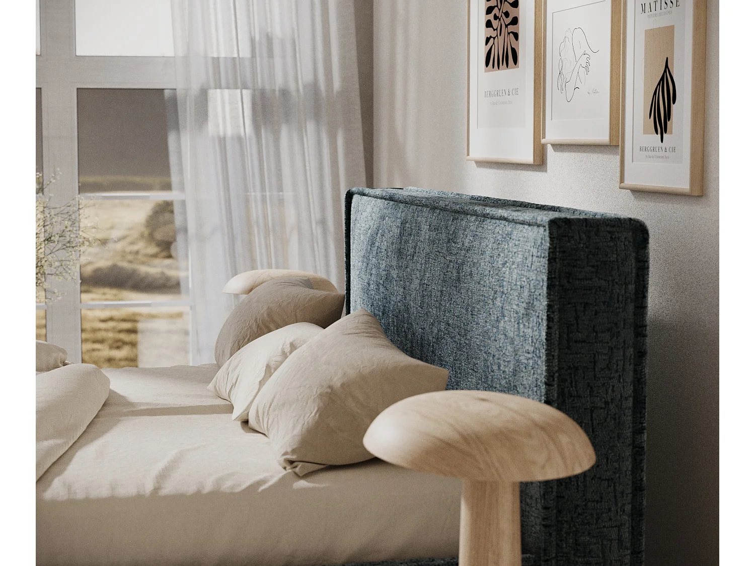 Gestoffeerd bed met hoofdbord - 140x200 cm - blauw - LOUNGE
