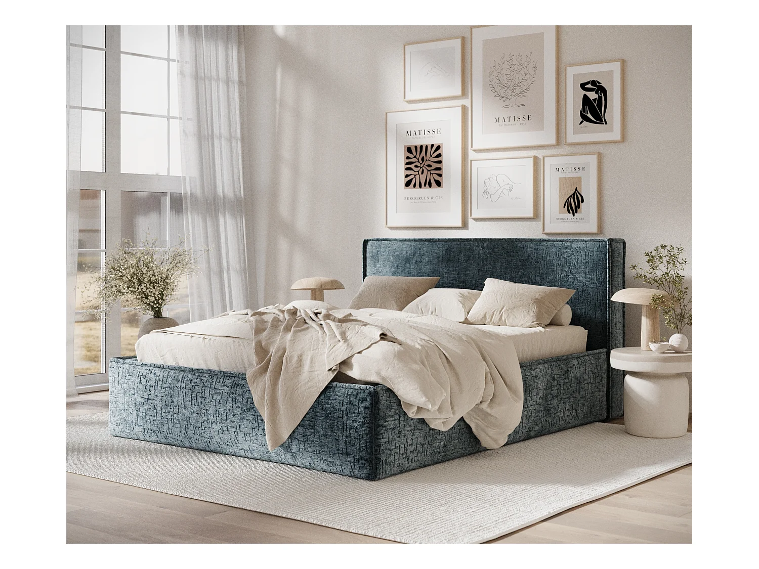 Lit coffre Lounge - 180 x 200 cm - chenille - bleu