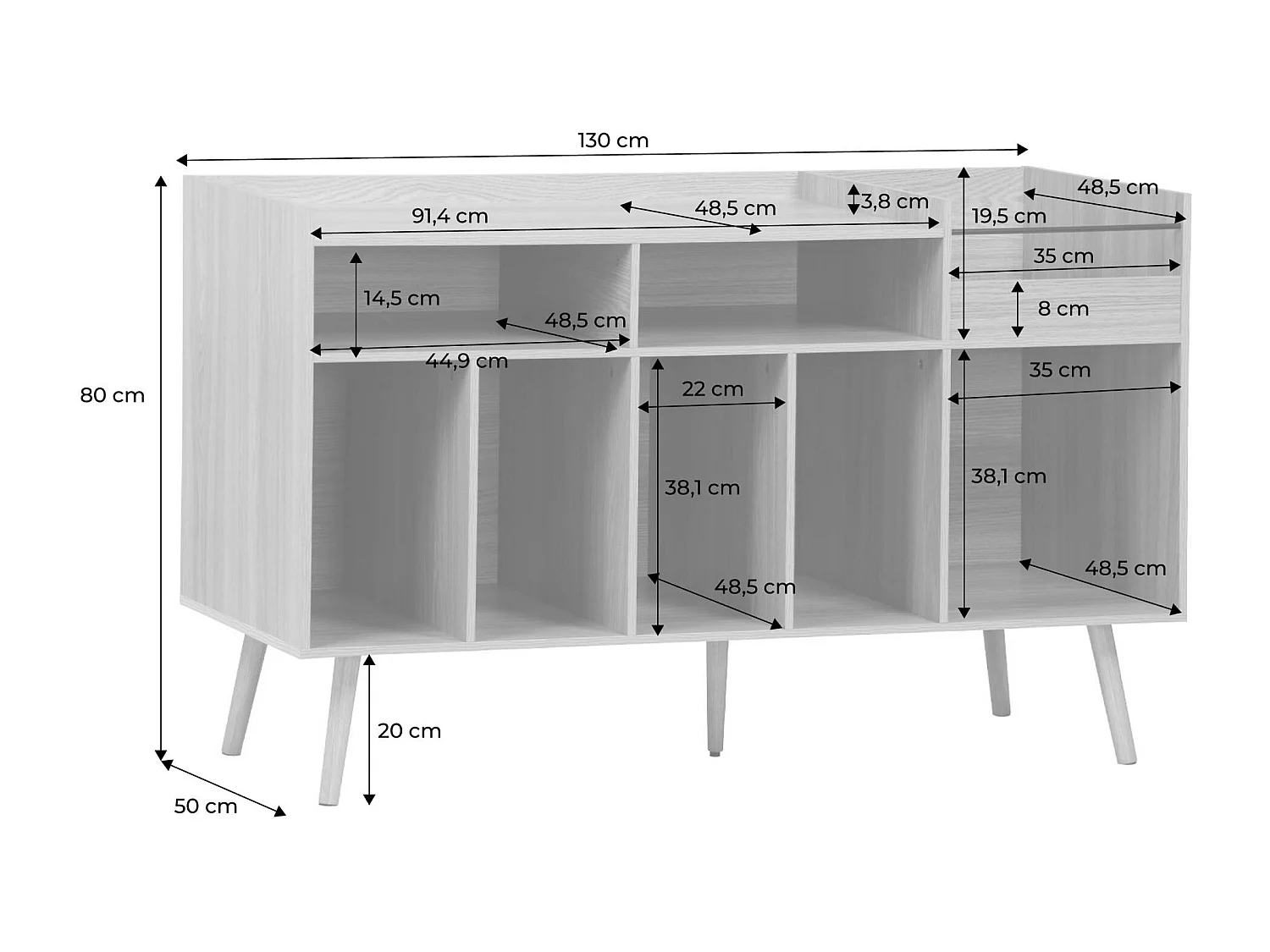 Mueble de vinilos xl estilo escandinavo, 130cm natural