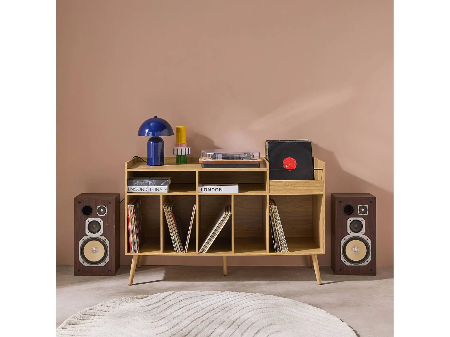 Meuble vinyle vintage décor bois. Dune. L 130 x P 50 x H 80 cm