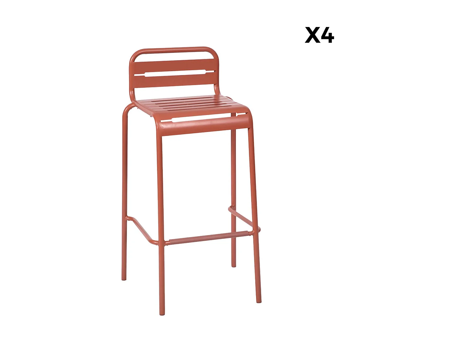 Table haute de jardin acier + 4 assises AMELIA terracotta. 4 chaises hautes en acier. 120 x 70cm x 95cm