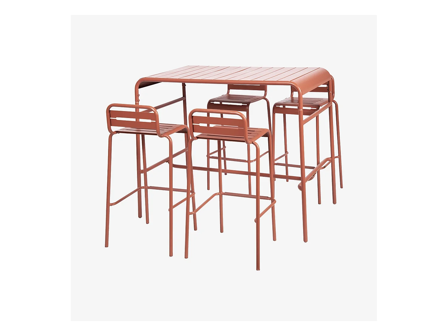 Tavolo da giardino alto, 4 sedie alte in acciaio, terracotta