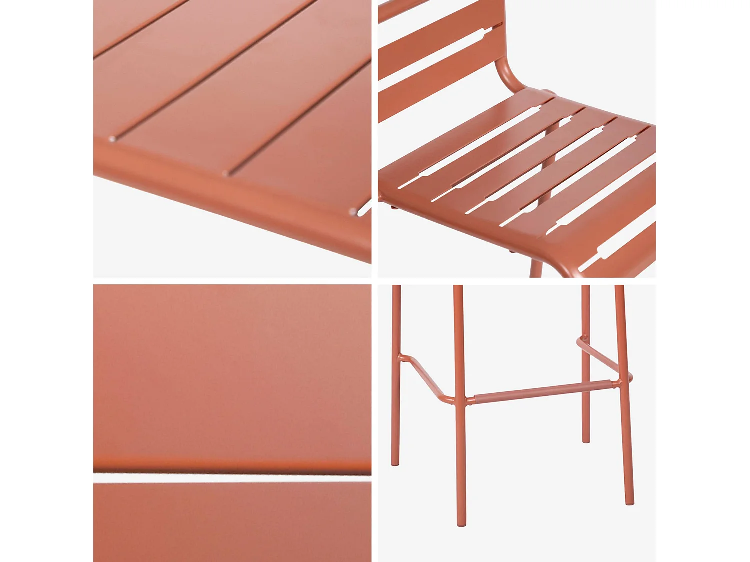 Table haute de jardin acier + 4 assises AMELIA terracotta. 4 chaises hautes en acier. 120 x 70cm x 95cm