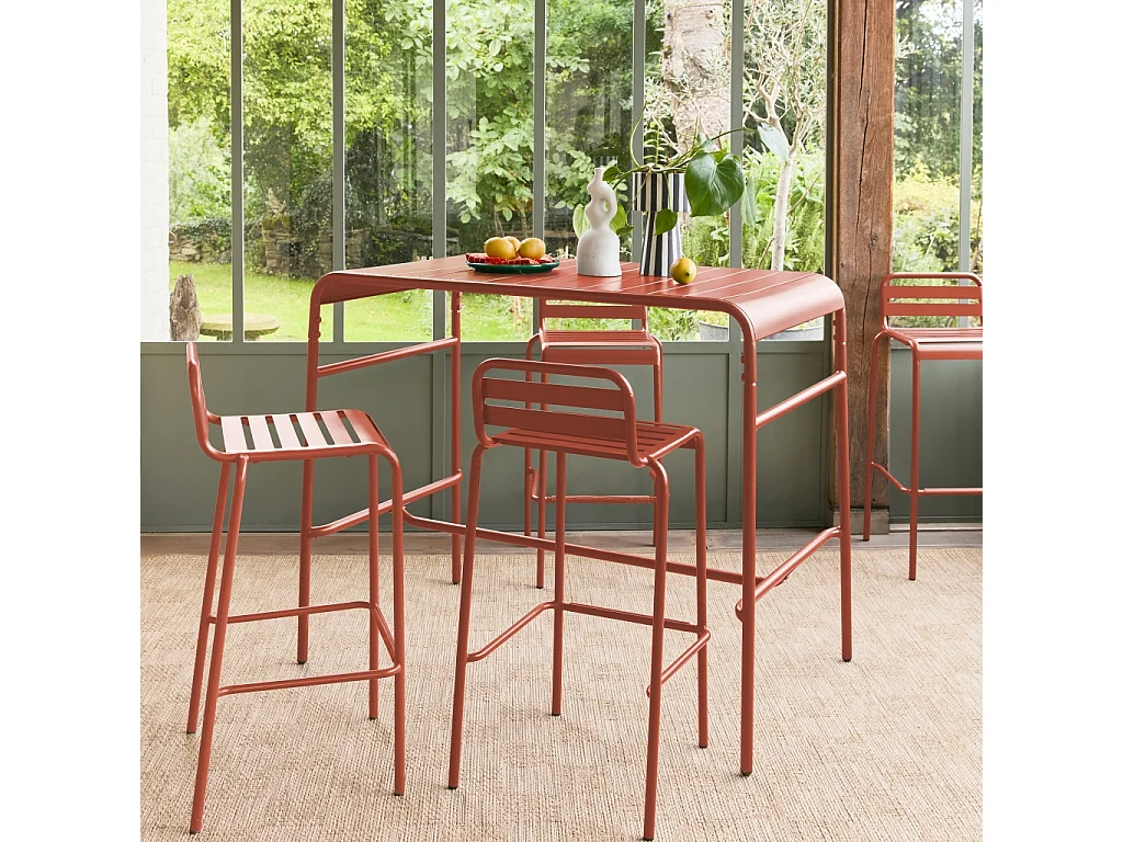 Table haute de jardin acier + 4 assises AMELIA terracotta. 4 chaises hautes en acier. 120 x 70cm x 95cm