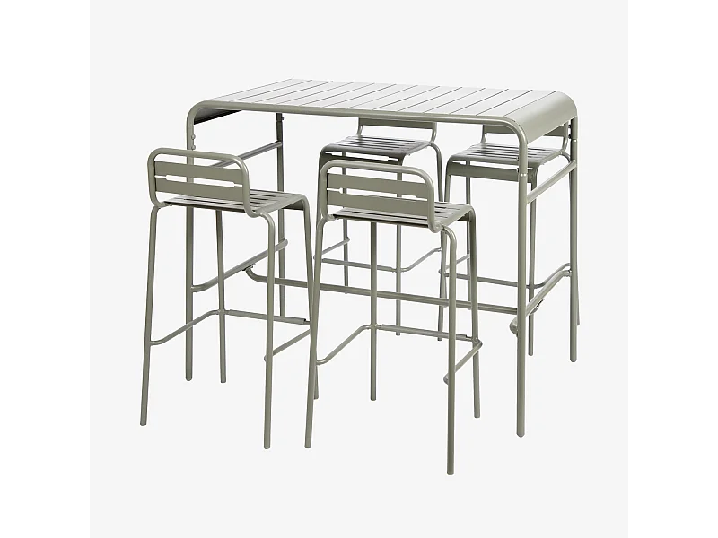 Table haute de jardin acier + 4 assises AMELIA kaki. 4 chaises hautes en acier. 120 x 70cm x 95cm