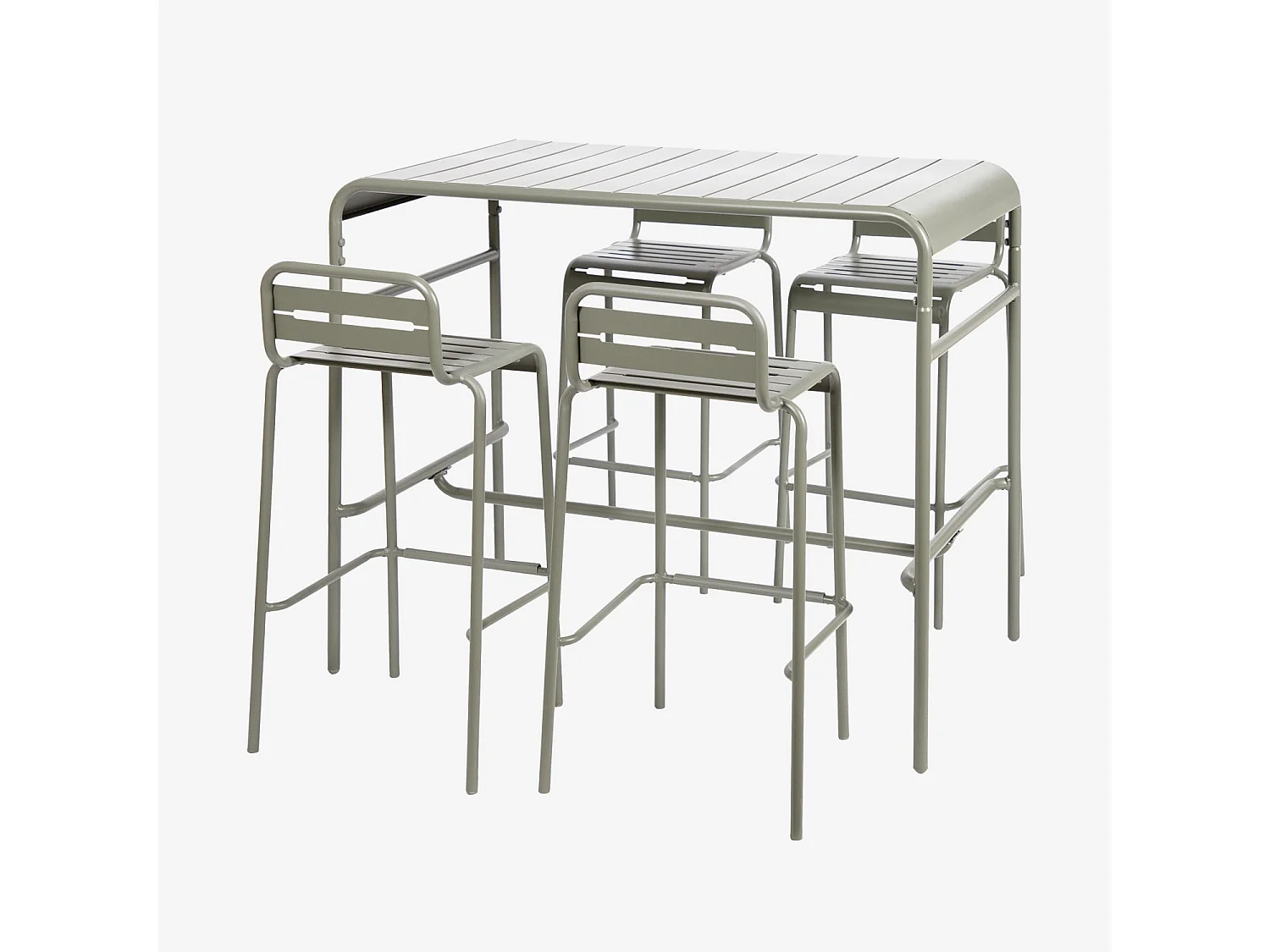 Mesa alta de jardín con 4 sillas altas de acero verde kaki