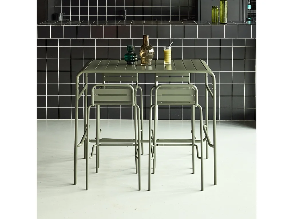 Table haute de jardin acier + 4 assises AMELIA kaki. 4 chaises hautes en acier. 120 x 70cm x 95cm