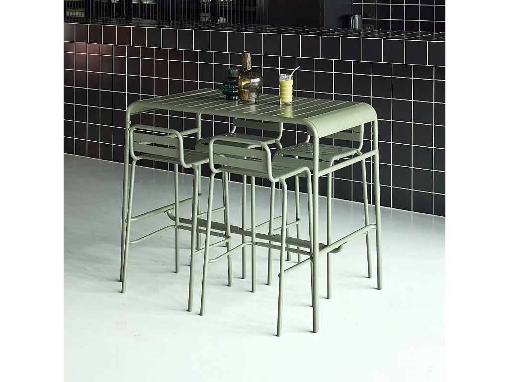 Table haute de jardin acier + 4 assises AMELIA kaki. 4 chaises hautes en acier. 120 x 70cm x 95cm