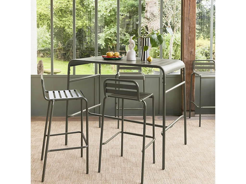 Table haute de jardin acier + 4 assises AMELIA kaki. 4 chaises hautes en acier. 120 x 70cm x 95cm