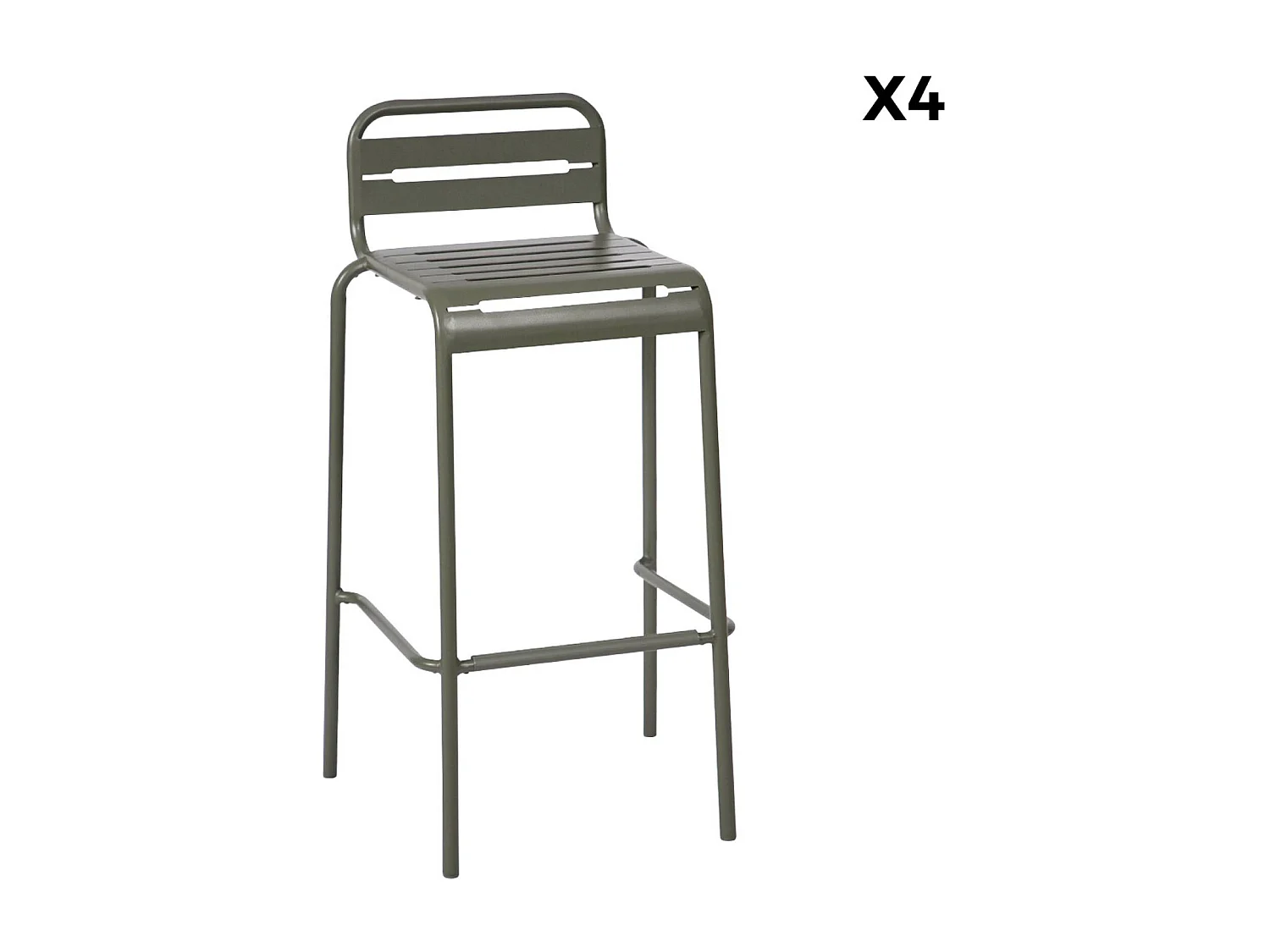 Table haute de jardin acier + 4 assises AMELIA kaki. 4 chaises hautes en acier. 120 x 70cm x 95cm