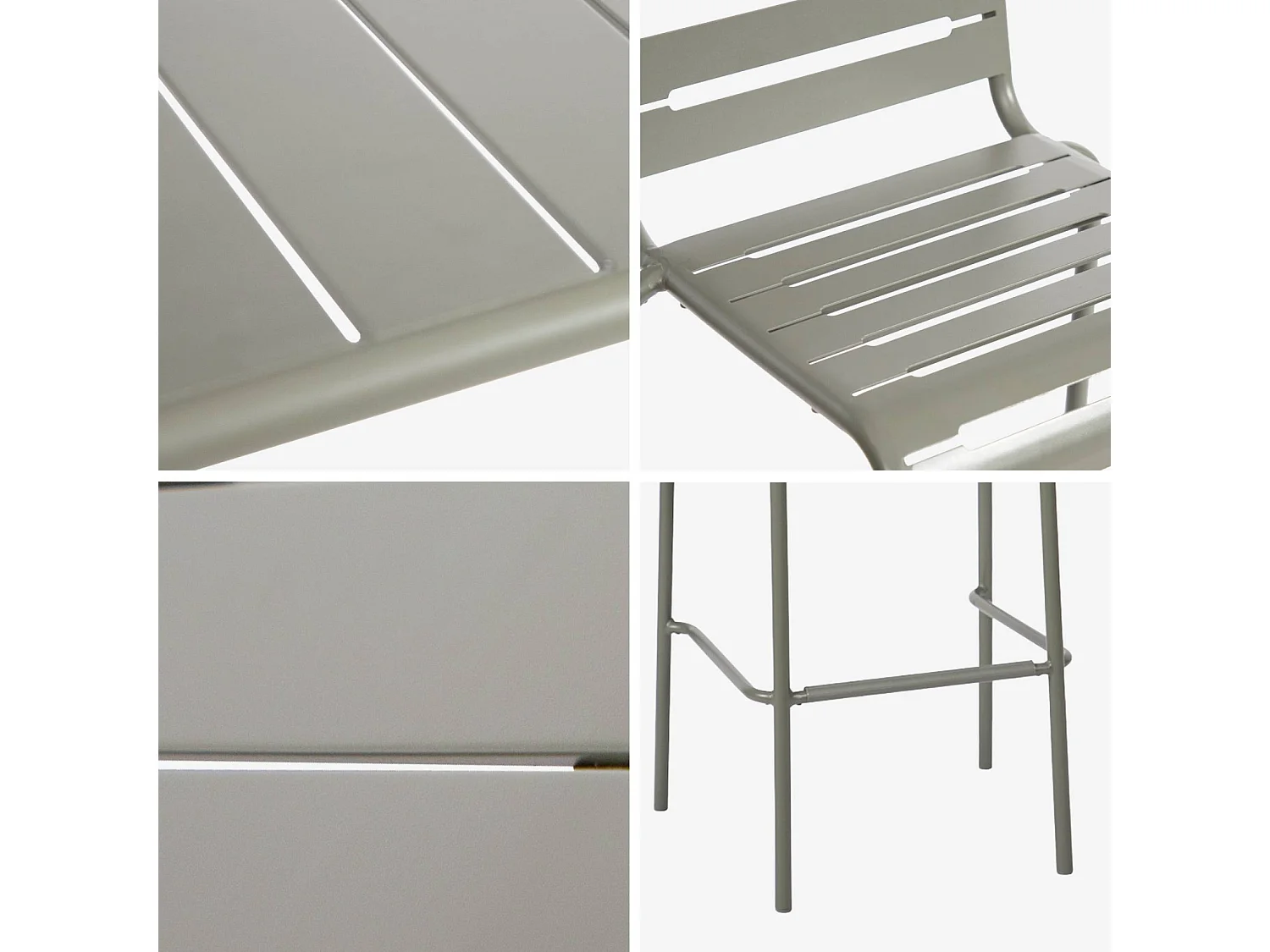 Table haute de jardin acier + 4 assises AMELIA kaki. 4 chaises hautes en acier. 120 x 70cm x 95cm