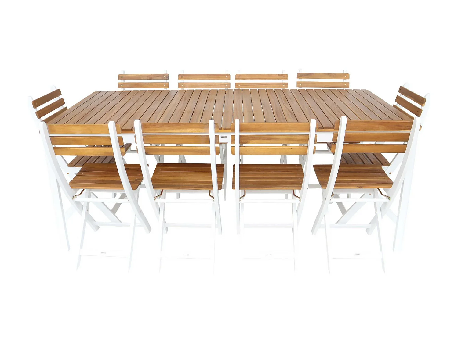 Mesa de jardín de acacia con esquinas redondeadas, 10 sillas blanco