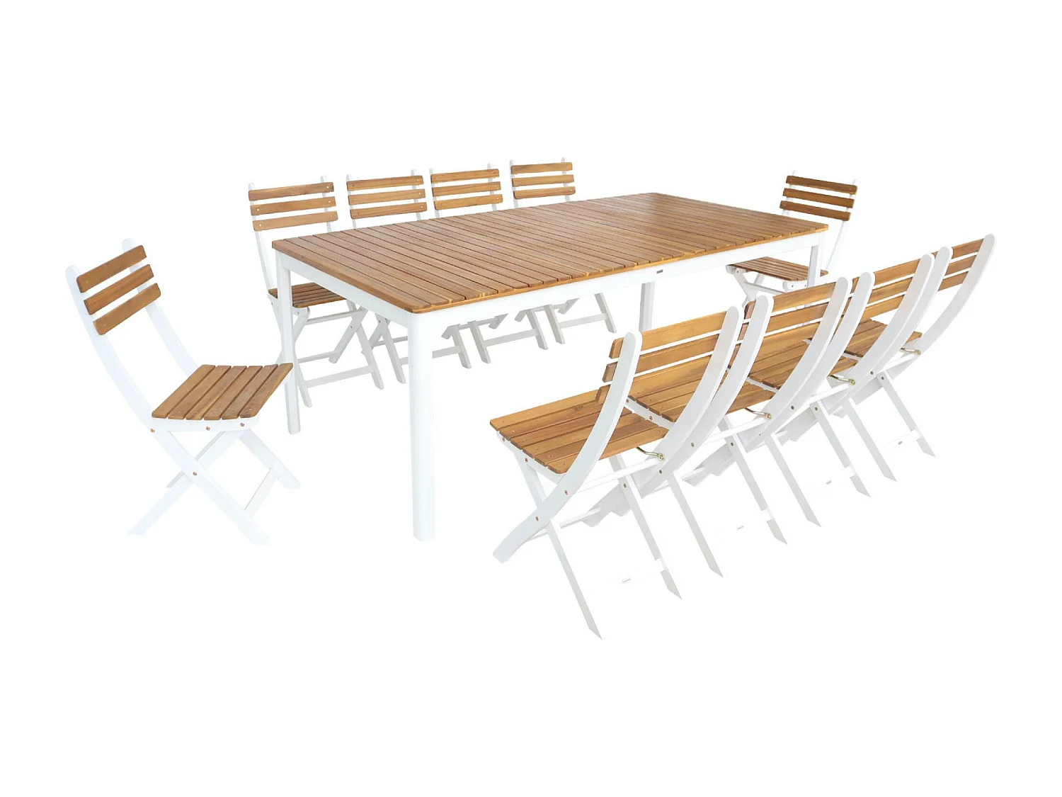 Mesa de jardín de acacia con esquinas redondeadas, 10 sillas blanco