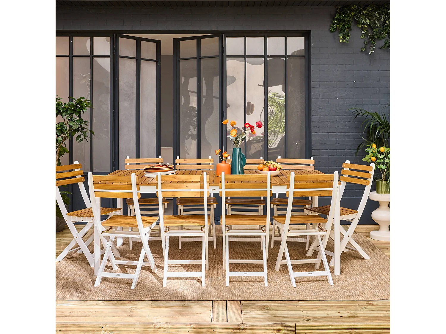Mesa de jardín de acacia con esquinas redondeadas, 10 sillas blanco