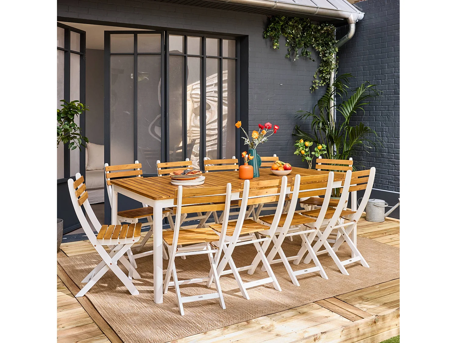 Mesa de jardín de acacia con esquinas redondeadas, 10 sillas blanco