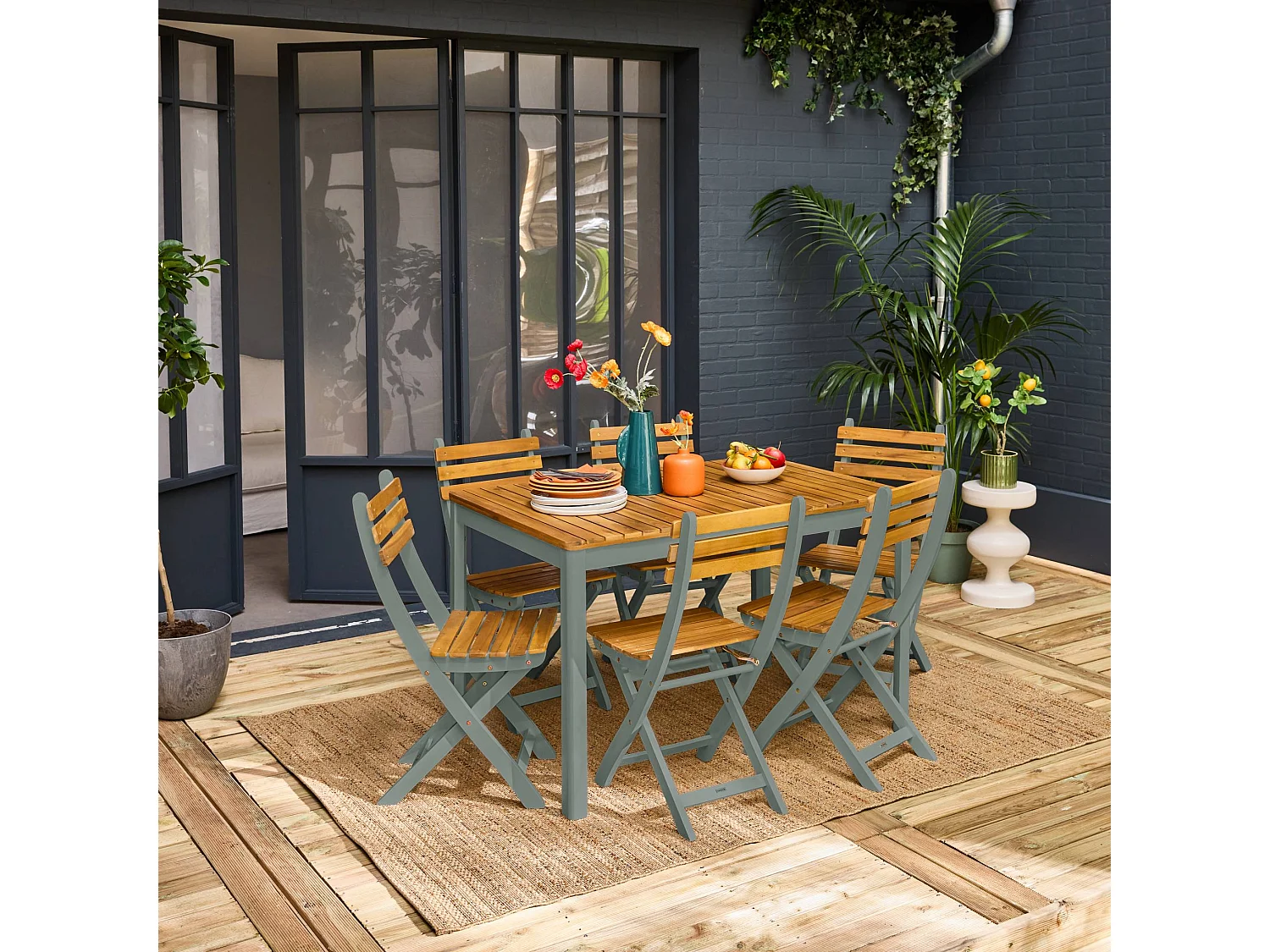 Tavolo da giardino in acacia con angoli arrotondati, 6 sedie, verde