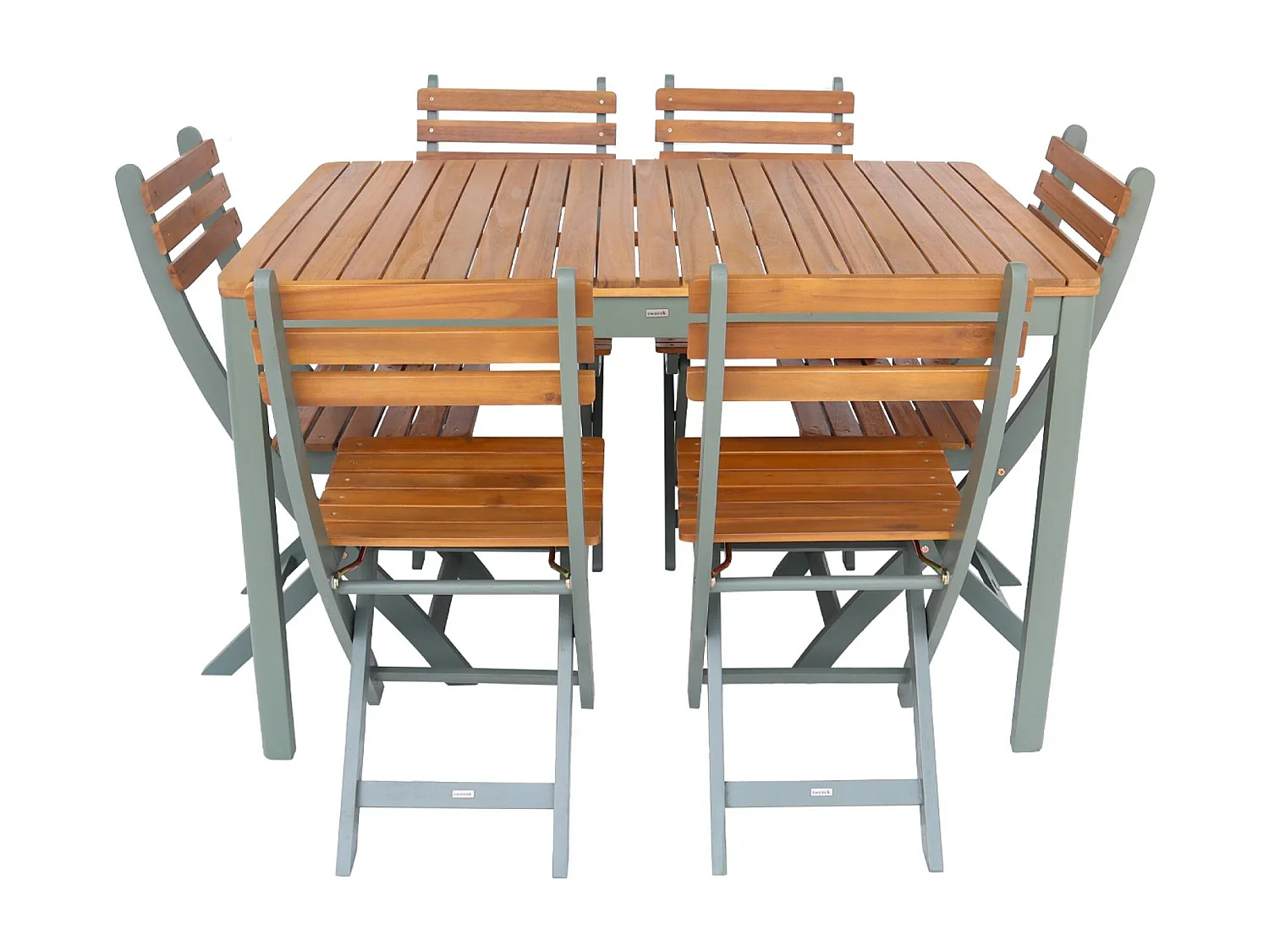 Tavolo da giardino in acacia con angoli arrotondati, 6 sedie, verde