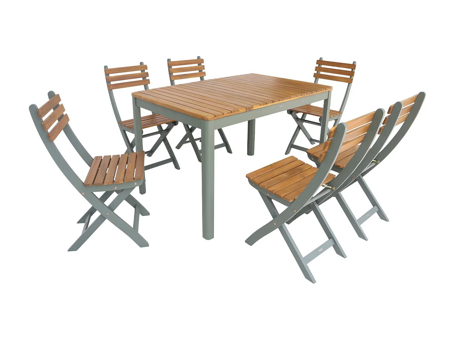 Tavolo da giardino in acacia con angoli arrotondati, 6 sedie, verde