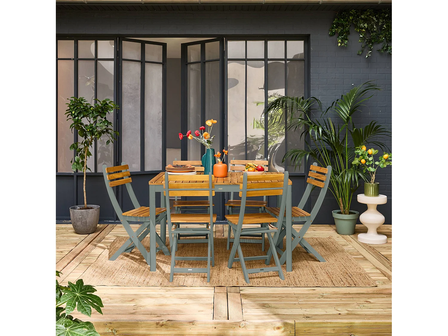 Tavolo da giardino in acacia con angoli arrotondati, 6 sedie, verde