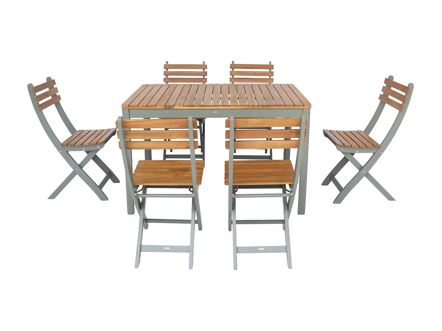 Tavolo da giardino in acacia con angoli arrotondati, 6 sedie, verde