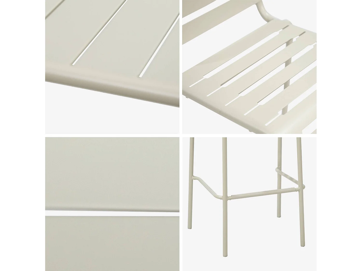 Table haute de jardin acier + 4 assises AMELIA beige. 4 chaises hautes en acier. 120 x 70cm x 95cm