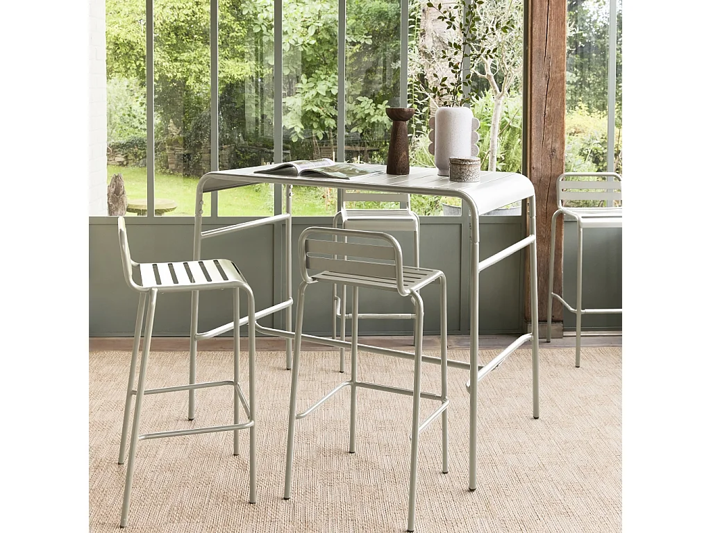 Table haute de jardin acier + 4 assises AMELIA beige. 4 chaises hautes en acier. 120 x 70cm x 95cm