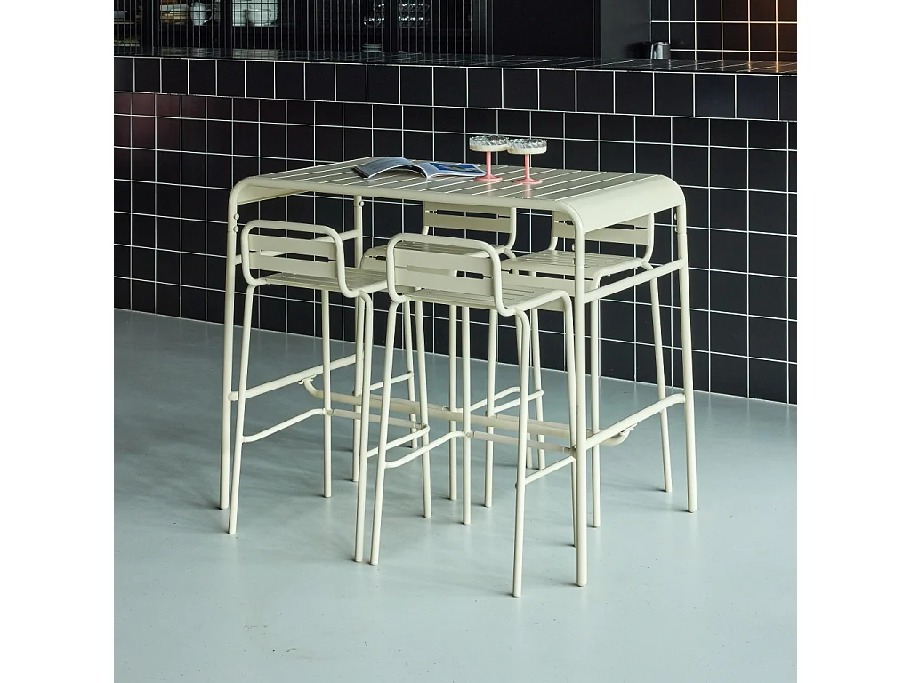 Table haute de jardin acier + 4 assises AMELIA beige. 4 chaises hautes en acier. 120 x 70cm x 95cm