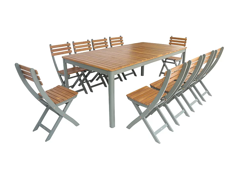 Mesa de jardín de acacia con esquinas redondeadas, 10 sillas verde