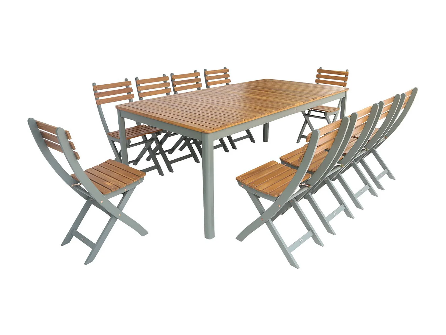 Mesa de jardín de acacia con esquinas redondeadas, 10 sillas verde