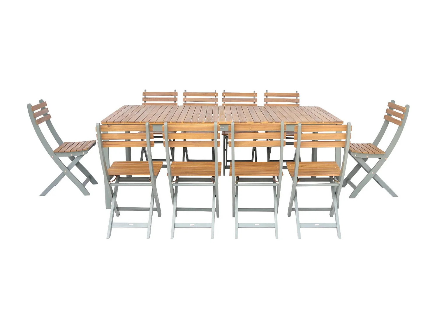 Mesa de jardín de acacia con esquinas redondeadas, 10 sillas verde