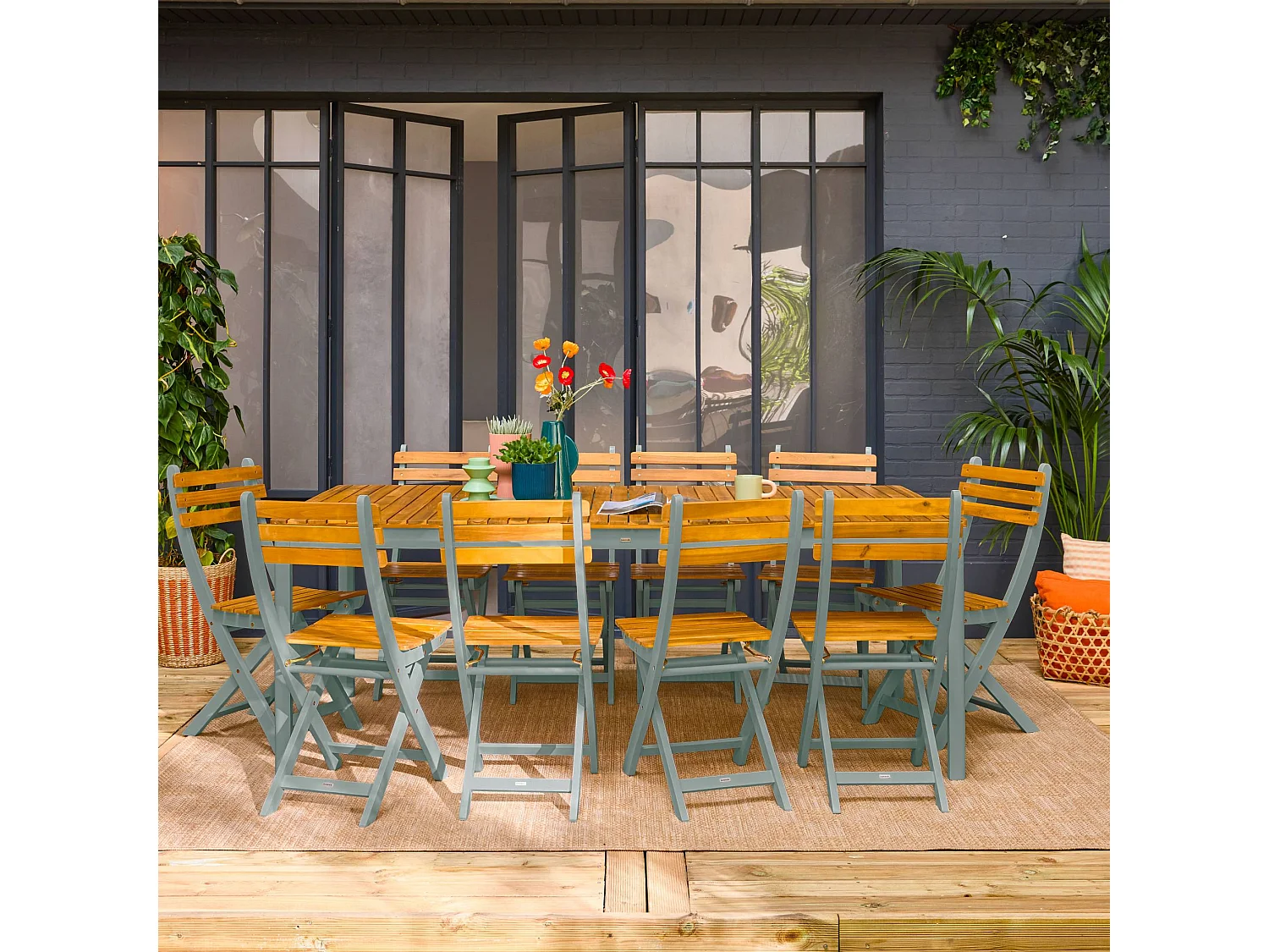 Mesa de jardín de acacia con esquinas redondeadas, 10 sillas verde