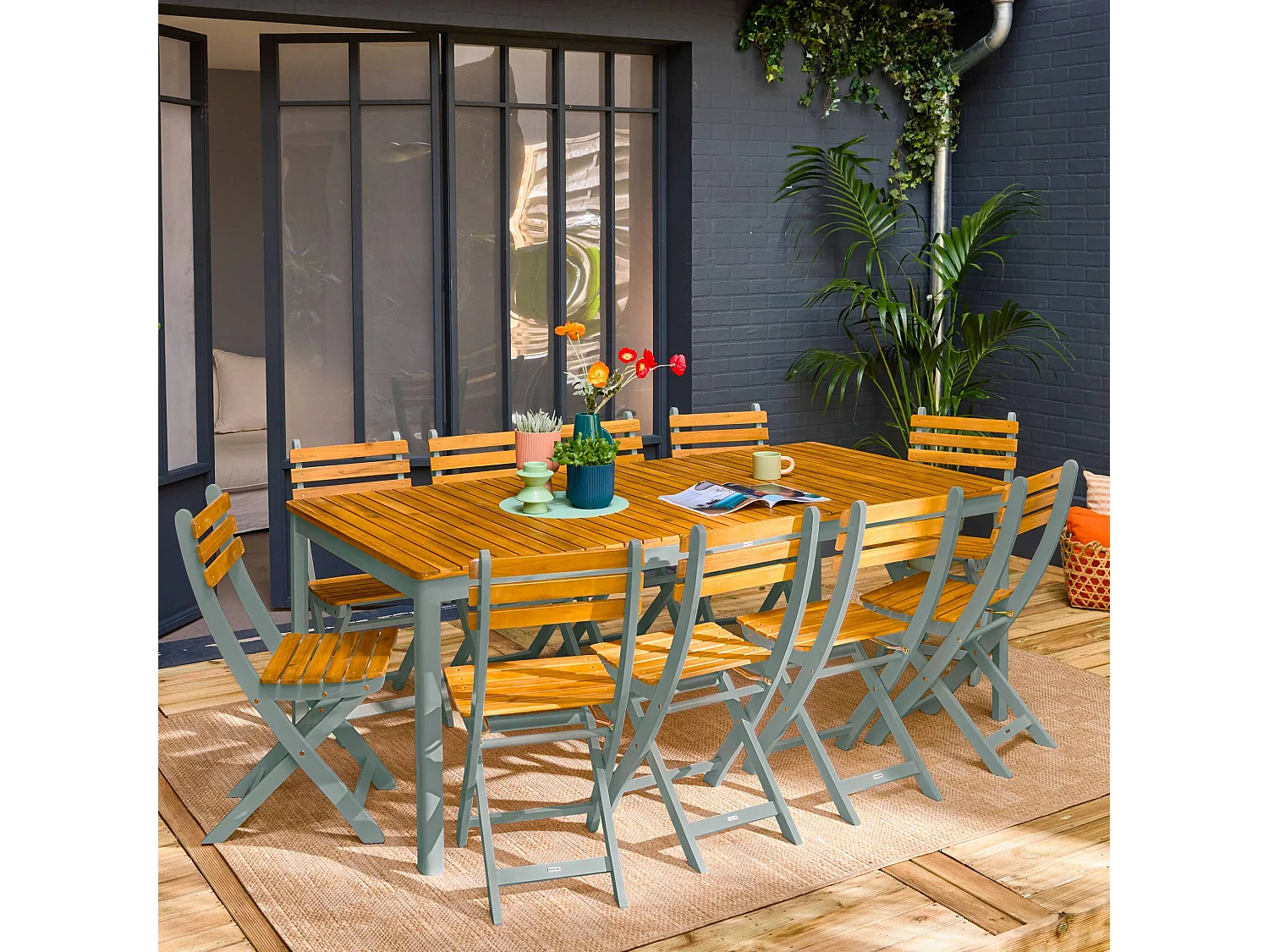 Mesa de jardín de acacia con esquinas redondeadas, 10 sillas verde