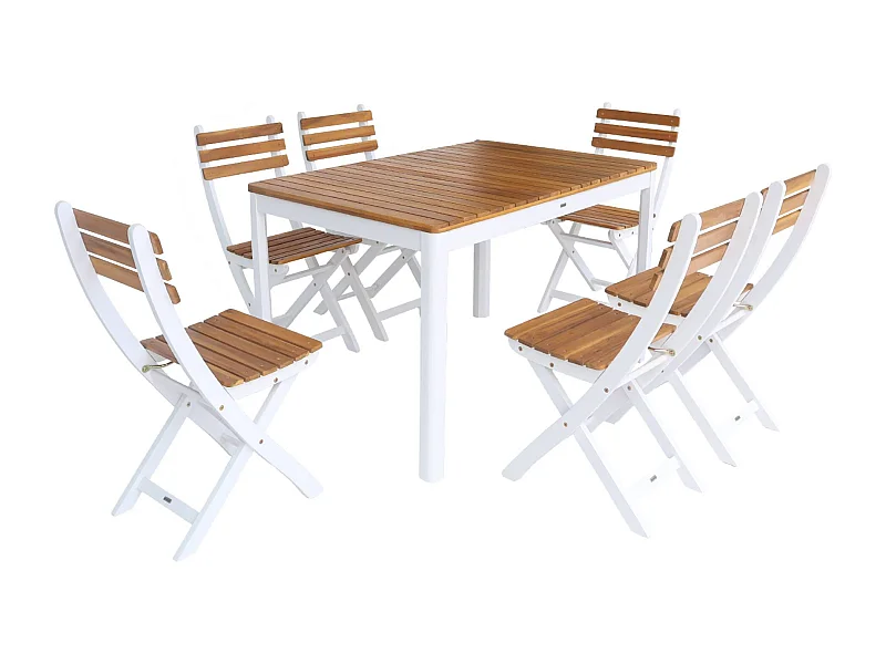 Tavolo da giardino in acacia con angoli arrotondati, 6 sedie, bianco