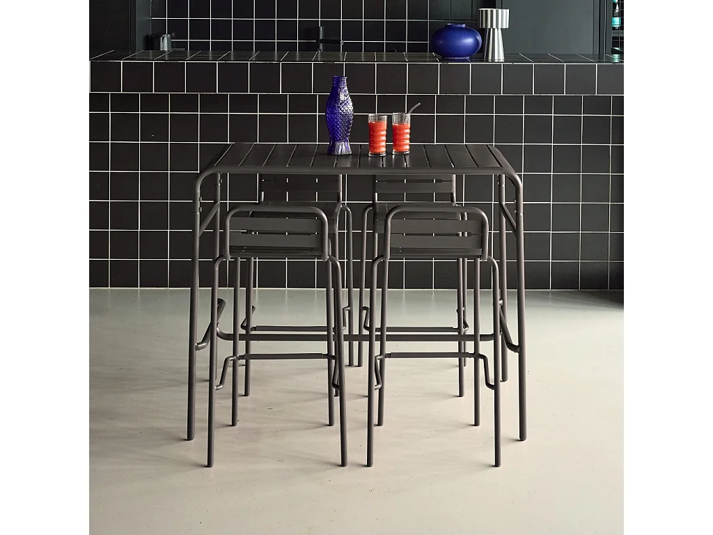 Table haute de jardin acier + 4 assises AMELIA anthracite. 4 chaises hautes en acier. 120 x 70cm x 95cm