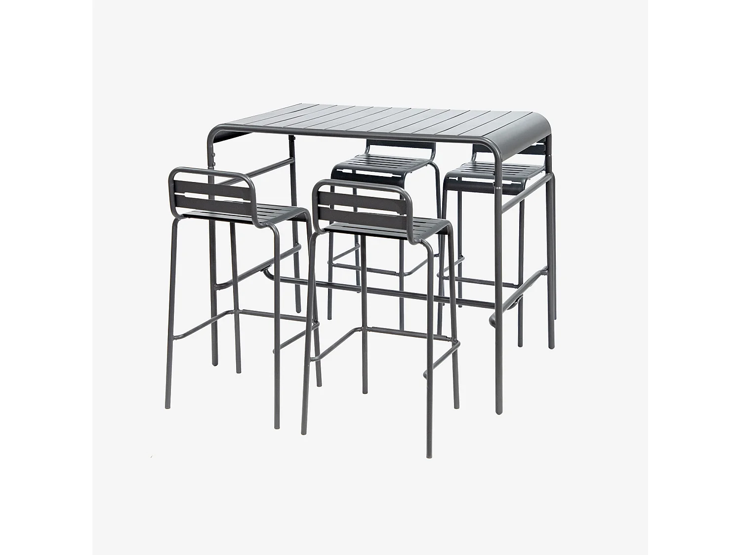 Table haute de jardin acier + 4 assises AMELIA anthracite. 4 chaises hautes en acier. 120 x 70cm x 95cm