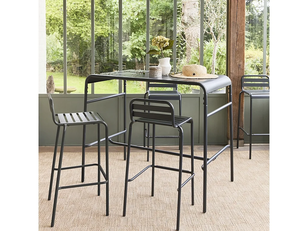 Table haute de jardin acier + 4 assises AMELIA anthracite. 4 chaises hautes en acier. 120 x 70cm x 95cm