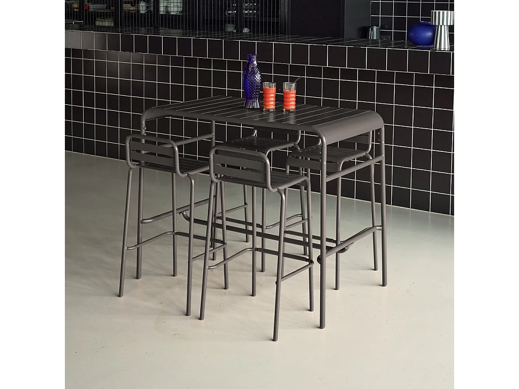 Table haute de jardin acier + 4 assises AMELIA anthracite. 4 chaises hautes en acier. 120 x 70cm x 95cm