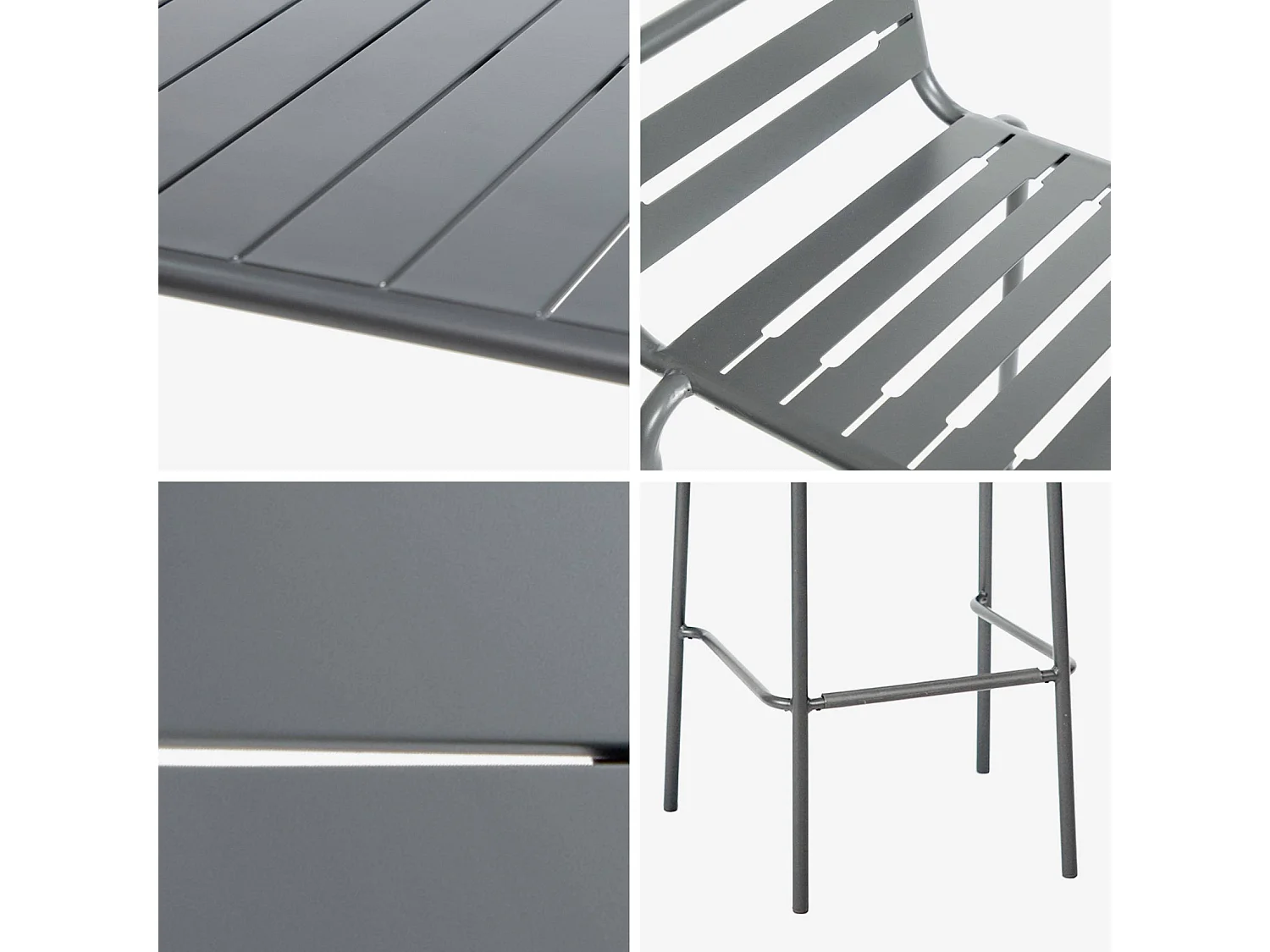 Table haute de jardin acier + 4 assises AMELIA anthracite. 4 chaises hautes en acier. 120 x 70cm x 95cm
