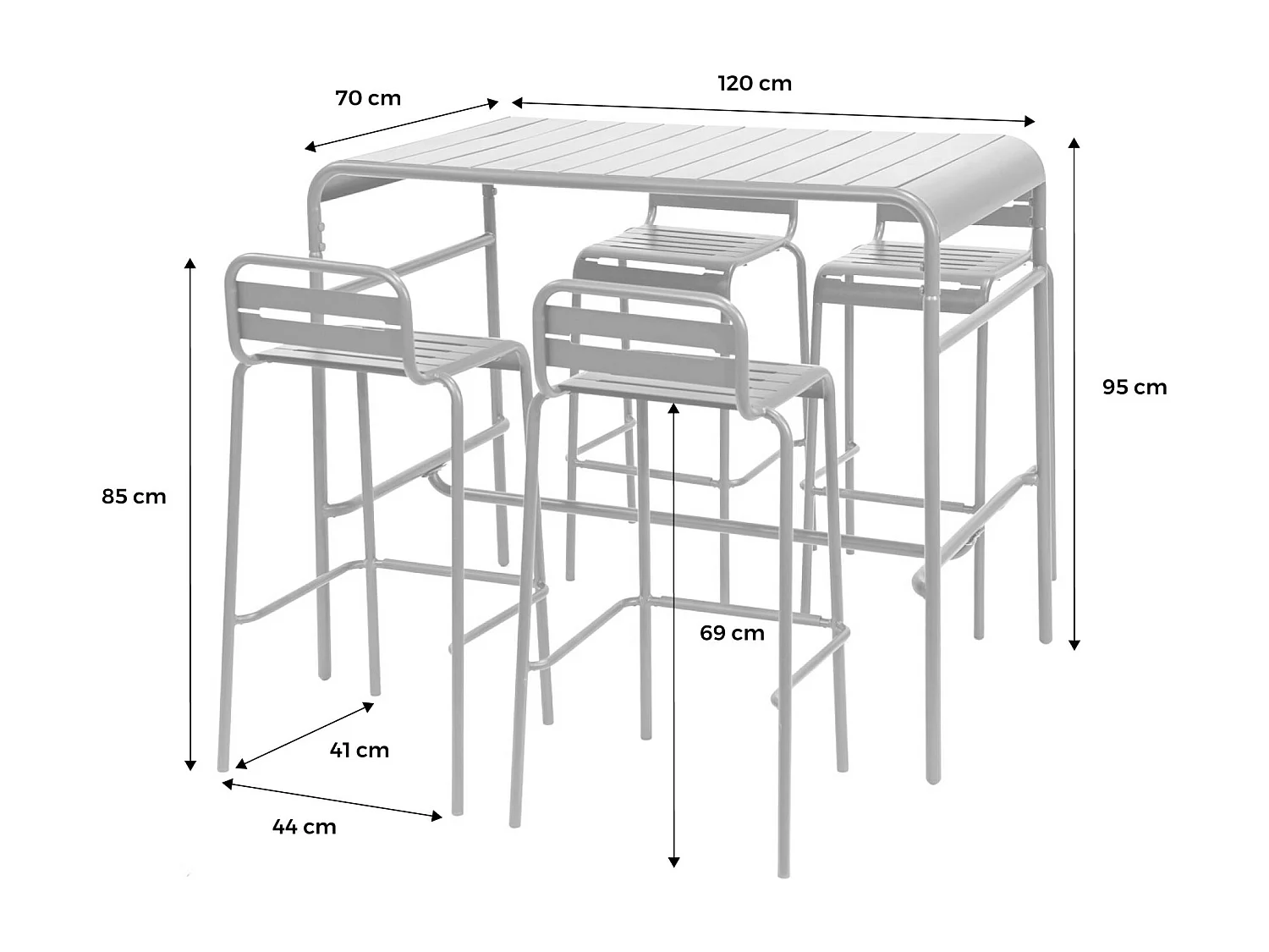 Table haute de jardin acier + 4 assises AMELIA anthracite. 4 chaises hautes en acier. 120 x 70cm x 95cm