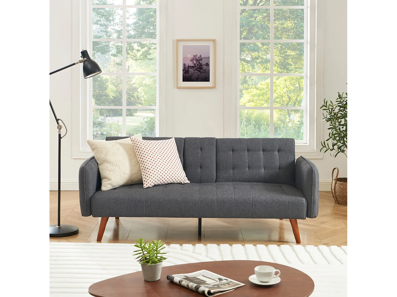 Canapé 3 places convertible avec tablette centrale rabattable gris INVERNESS