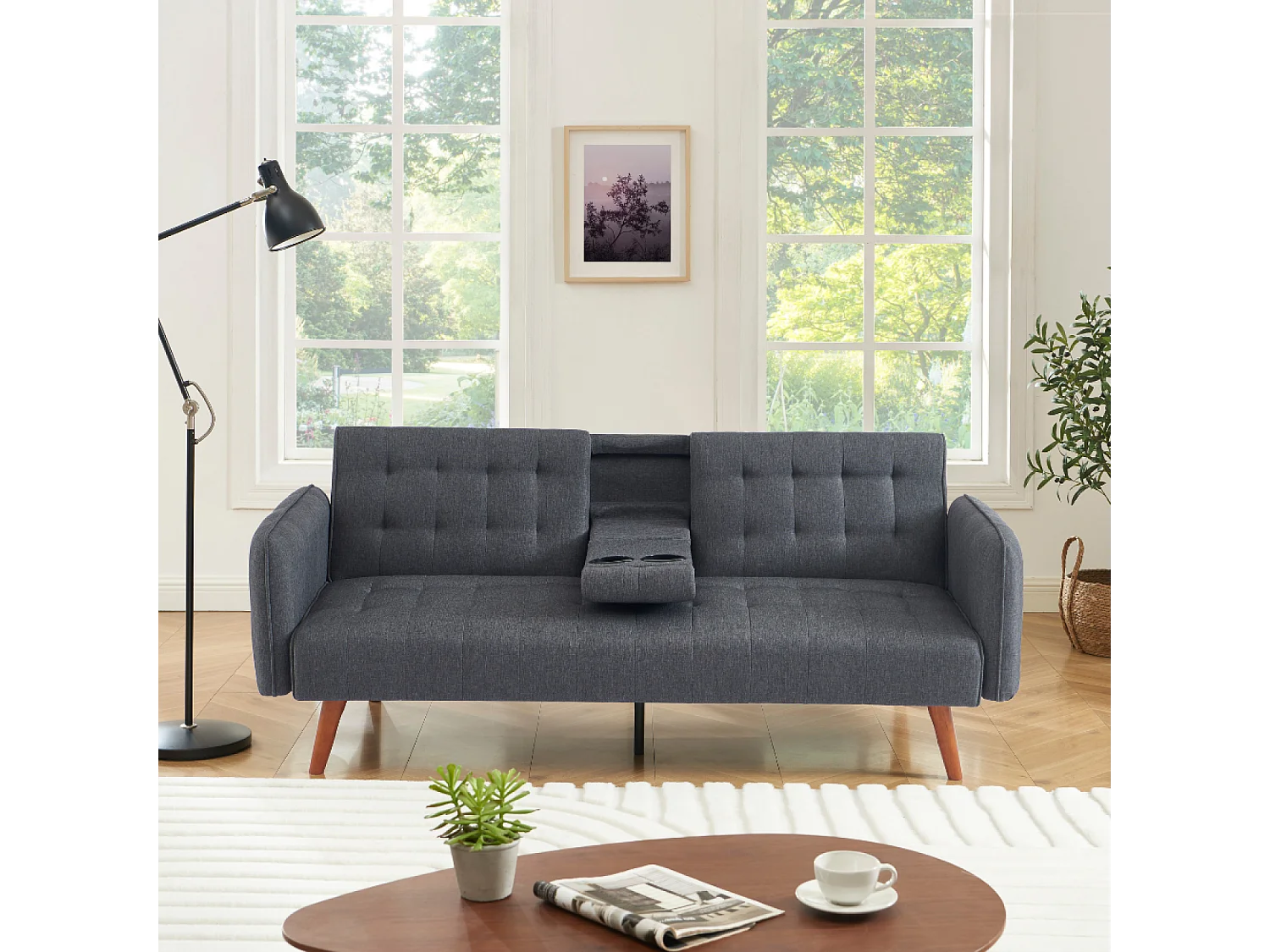 Canapé 3 places convertible avec tablette centrale rabattable gris INVERNESS