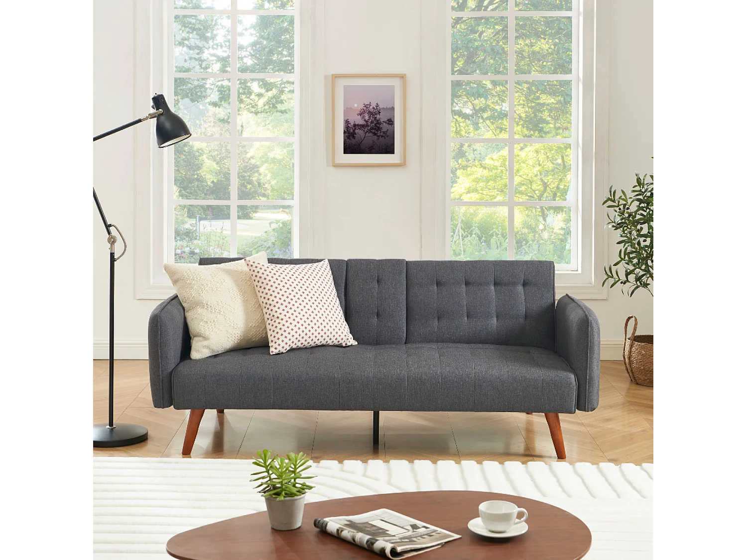 Canapé 3 places convertible avec tablette centrale rabattable gris INVERNESS