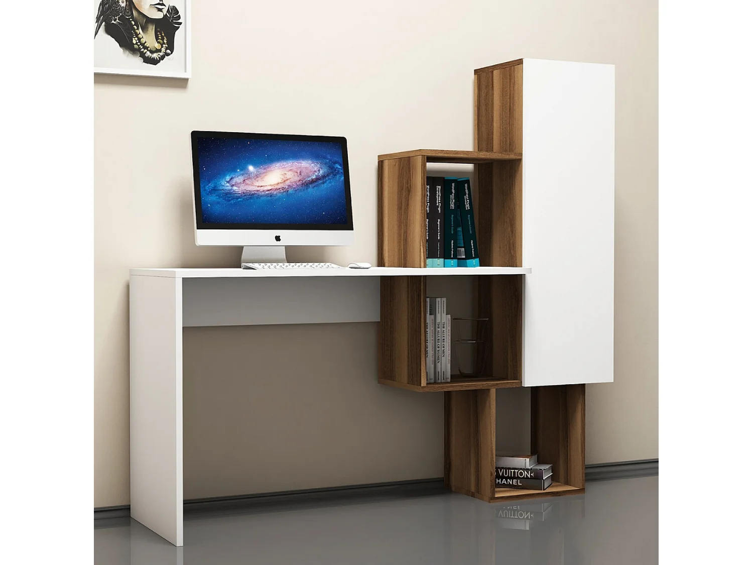 Bureau fonctionnel 6 rangements - bois et blanc TURKU